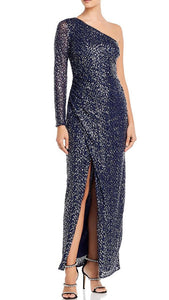 One Shoulder Navy Sequin Long Gown  AQ999035-25