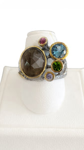 Artisan Made Ring with Smoky Topaz, White Topaz, Blue Topaz, Chrome Diopside, Rhodolite Garnet & Sterling Silver/Rhodium K0044-94