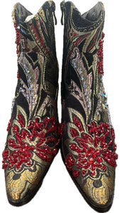 BLACK TAPESTRY ANKLE BOOTS MADE WITH SILK COTTON LINEN HAND SEWN BEADWORK HHBTS0125