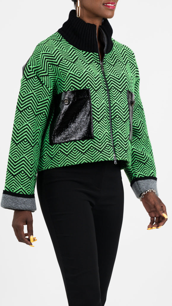 Italian Green & Black Jacket W/Patent Pockets by TRICOT CHIC TC6130320