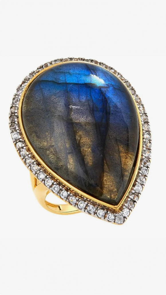 PEAR SHAPED LABRADORITE WHITE ZIRCON 14K GOLD PL. STERLING JB77063-2